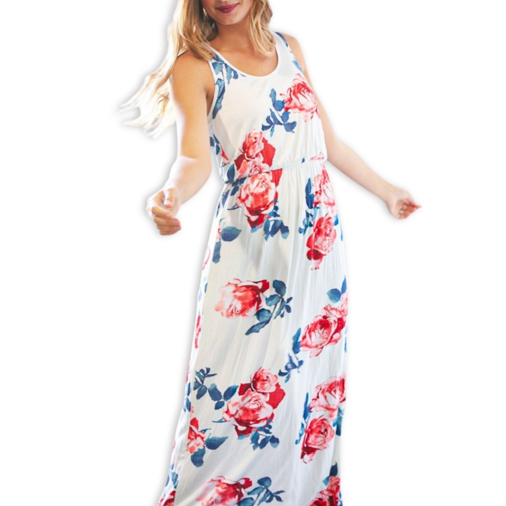 WHITE FLORAL TANK TOP SLEEVELESS MAXI DRESS